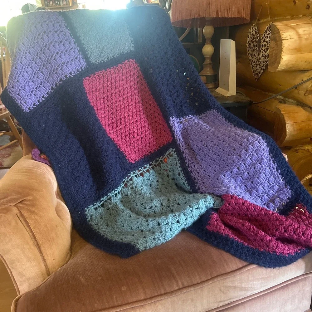Handmade Crochet Colorblock‎ Patchwork Throw Blanket Navy Purple Pink 50x30